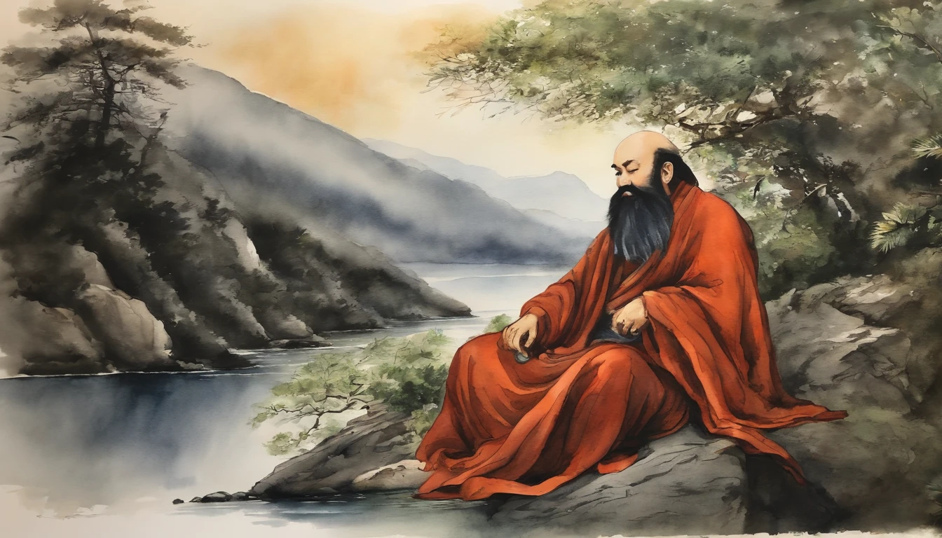 Bodhidharma ink and watercolor painting