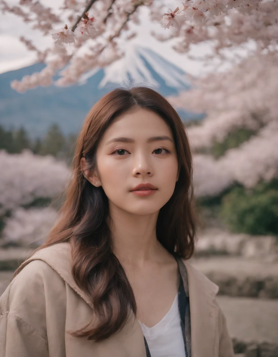 travellers, in the style of rap aesthetics, girl, Tokyo, Japan, make for a memorable photo, The background is to theJapan's Mount Fuji and flying cherry blossoms,photo taken with fujifilm superia, charly amani, oversized portraits, core, upper body