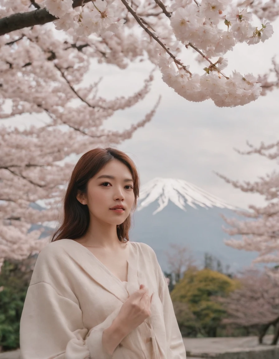 travellers, in the style of rap aesthetics, girl, Tokyo, Japan, make for a memorable photo, The background is to theJapan's Mount Fuji and flying cherry blossoms,photo taken with fujifilm superia, charly amani, oversized portraits, babycore, upper body