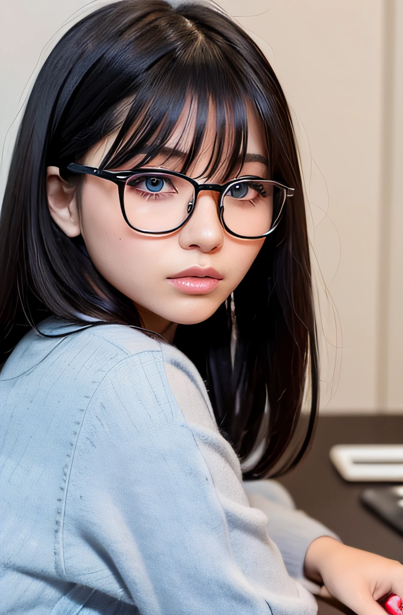 23 year old Vietnamese girl, Lightly curly black hair with thin horizontal bangs, big eyes, red lips, gap-toothed smile, looking camera, big round glasses