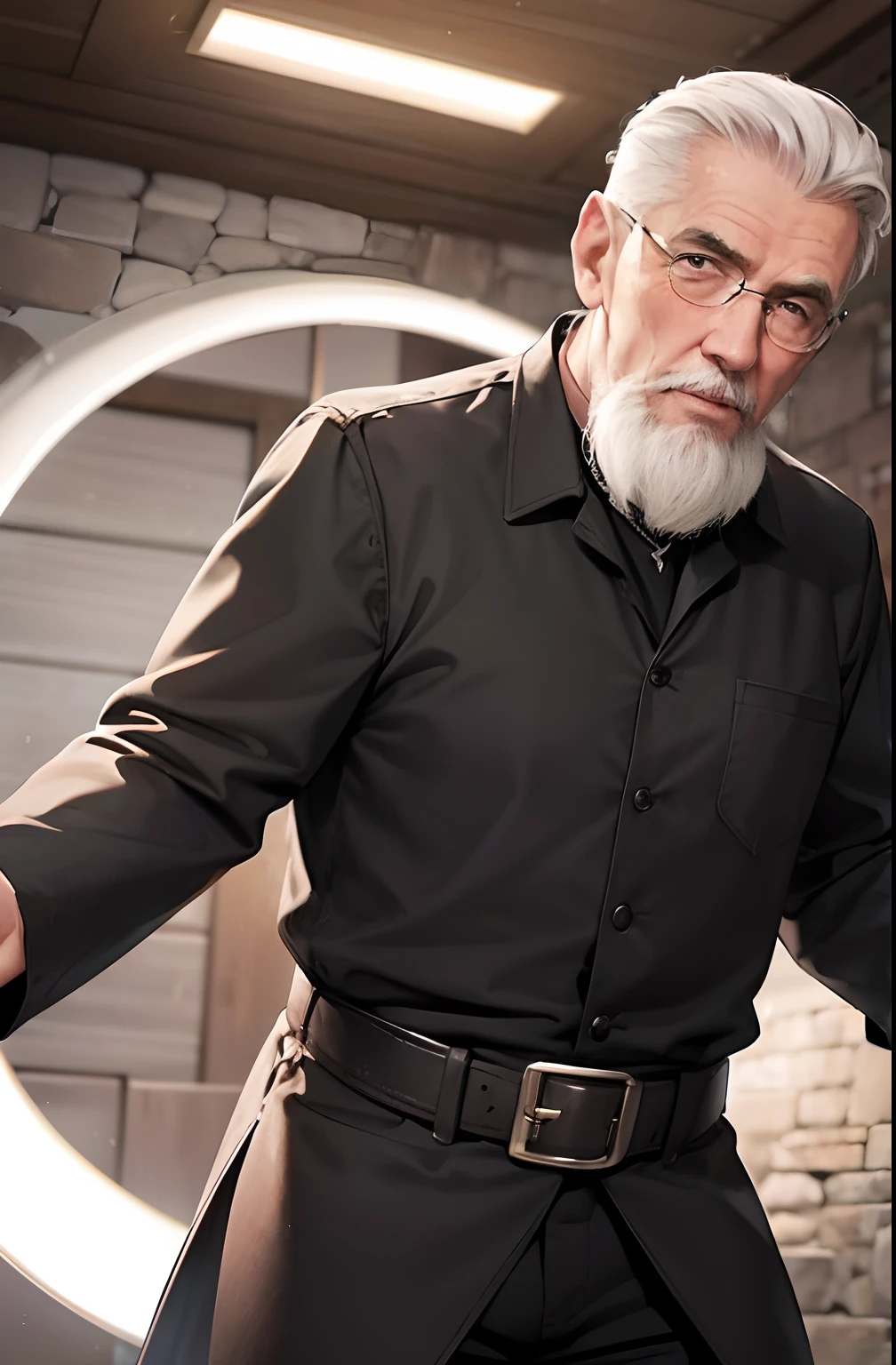 With a goatee,Old gentleman in black riding boots,Showing off his boots,The light source is in the upper left corner。