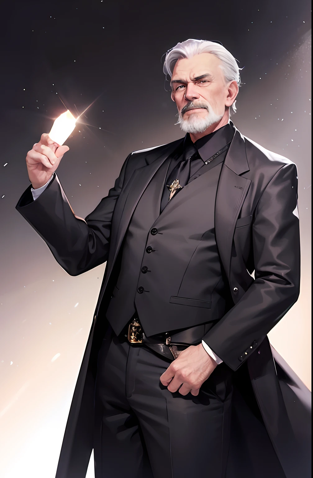 With a goatee,Old gentleman in black riding boots,Showing off his boots,The light source is in the upper left corner。