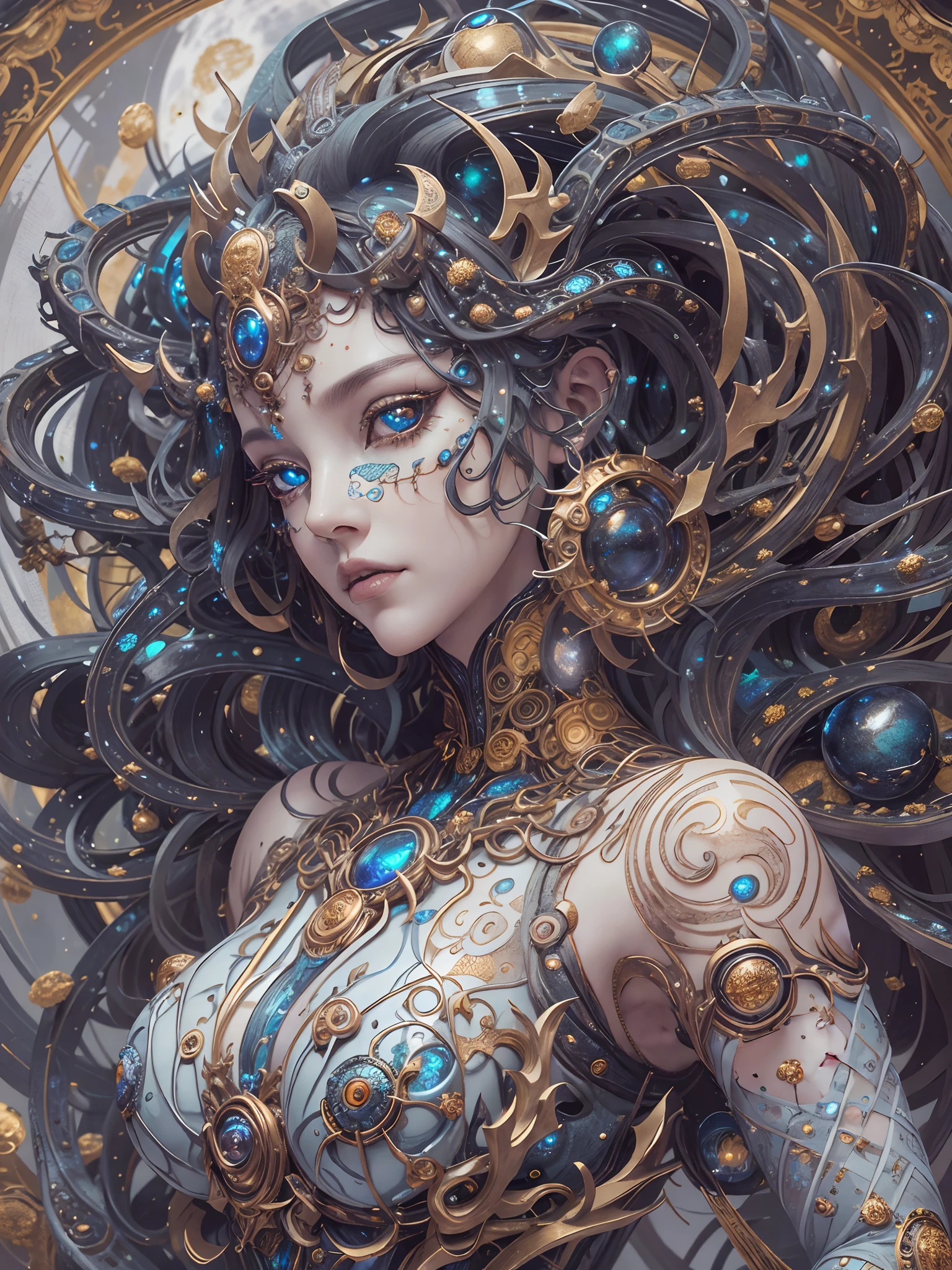 (best qualtiy,ultra - detailed,Most Best Illustration,Best shadow,tmasterpiece,A high resolution,professionalartwork,famousartwork),Detailed eyes,beautidful eyes,closeup cleavage,sci-fy,colored sclera,Robot eyes,face markings,Tattooed with,(fractalized,Fractal eyes),largeeyes,Wide eyes,(Eye focus),sface focus,Cosmic eyes,Space eyes,Close-up of metal sculpture of a woman with a moon in her hair,goddes。extremly high detail,3 d goddess portrait,Extremely detailed footage of the goddess,a stunning portrait of a goddess,Side portrait of the goddess,portrait of a beautiful goddess,Full body close-up portrait of the goddess,hecate goddess,portrait of a norse moon goddess,goddess of space and time