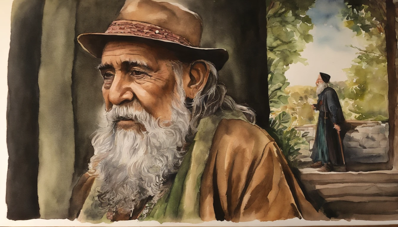Wise old man ink and watercolor painting