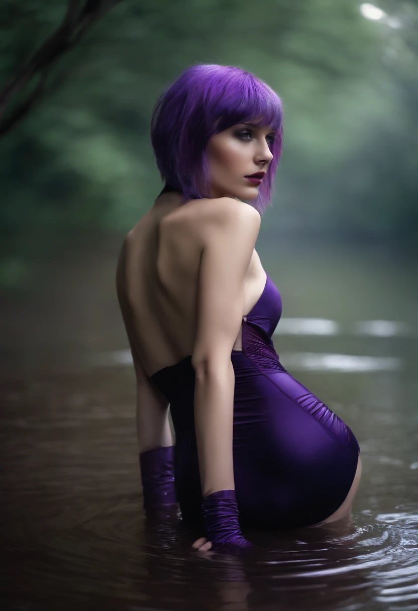 naked girl. . slim body. skinny body. thin body. this waist. cute. looking at viwer. wet skin. Pale skin. purple hair. short hair. long socks. long gloves, ass,nfsw,sexy