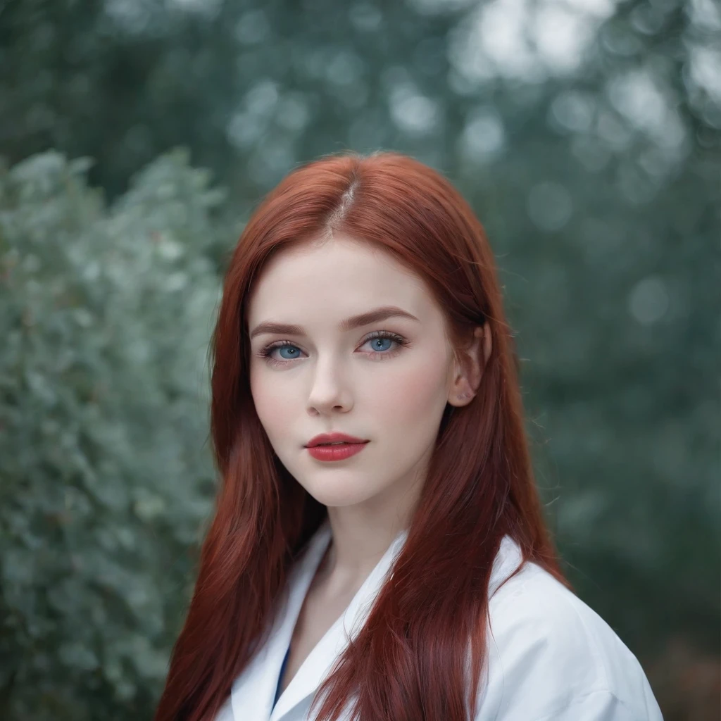 A 18 year old super pretty girl with a back long straight deep bloody red hair, white skin looks like milk or, dark night sky blue piercing eyes with strong striking gaze, skinny body, a little chubby cheek, pink lips, wearing professional medical lab coat, background laboratorium