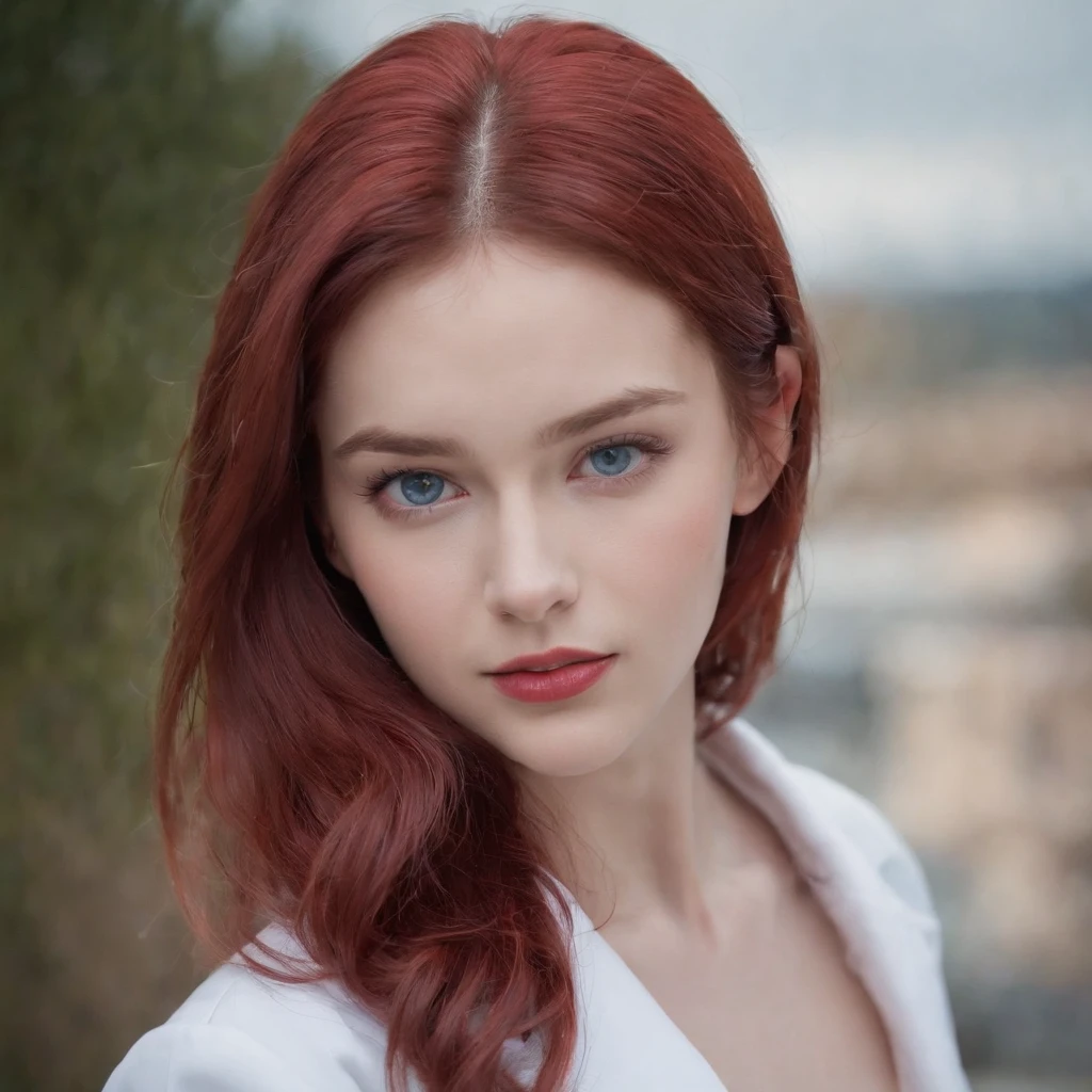 A 18 year old super pretty girl with a back long straight deep bloody red hair, white skin looks like milk or, dark night sky blue piercing eyes with strong striking gaze, skinny body, a little chubby cheek, pink lips, wearing professional medical lab coat, background laboratorium
