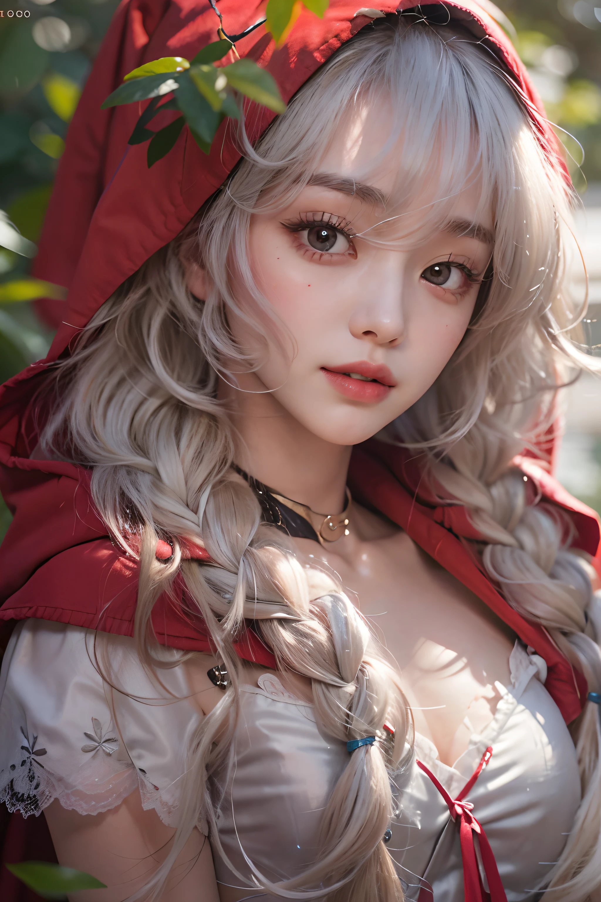 (Best Quality Detail)、realisitic、8K UHD、hight resolution、(red riding hood)、(Knee shot)、(1girl in)、((The best smile))、The ultra-detailliert、intricate detailes、High quality shadows、Detail Beautiful delicate face、Detail Beautiful delicate eyes、in her 20s、(The best smile)、Pretty Kpop Girl、(Korean Urzan Face)、(ulzzang -6500-v1.1:0.6)、pureerosface_v1、gloweyes、perfectbody、(Colossal tits)、 ((look at viewr))、Hasselblad, Carl zeiss, Incredible dynamic range photography(UTIL_Art by Smoose-768:1.1), (White hair color)、teak、Glossy lips、Natural color reproduction, ((strong lights))、(aureole)、((Hood cover))、(a choker)、((Brown eyes))、((Beautiful Finger))、(White hair), (Twin braids)、(Pattsun bangs)、(bangss)、 (Perfect circle)、Shiny hair、Description beautiful delicate hair、(Lustrous skin)、((Little Red Riding Hood))、(red cape)、((Wear the red hood deeply))、(a red skirt)、(corsets)、(Bloody)、(Black Night Forest)、(Dark Night Road)、(Log Houses)、(inside in room)、(Blood all over the floor)、