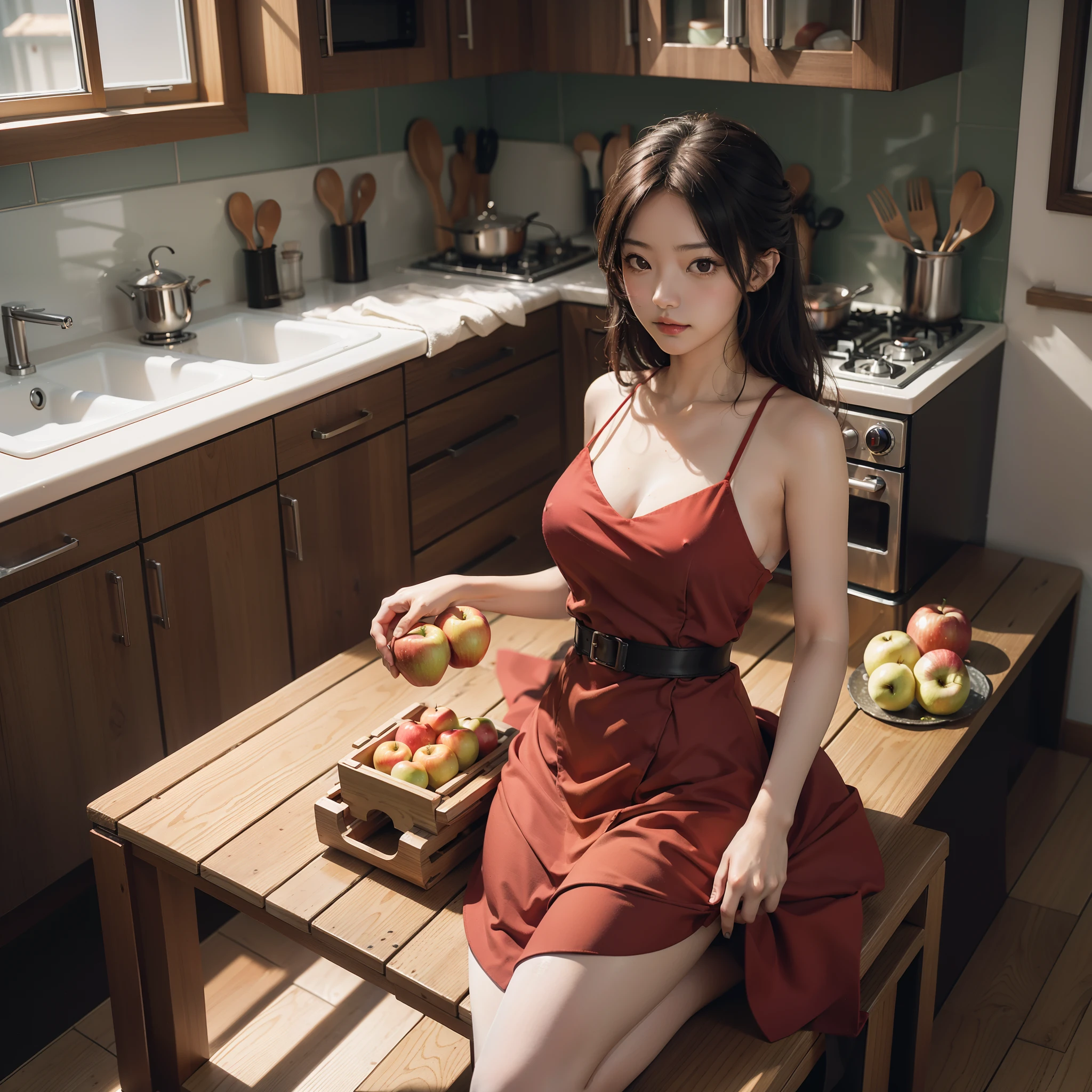 masutepiece, Super Detail, High quality, awardwinning, 8K, girl, sitting, seiza, she is having an apple, Apple-shaped kitchen timer, Theme color is red, productphoto, Professional Light