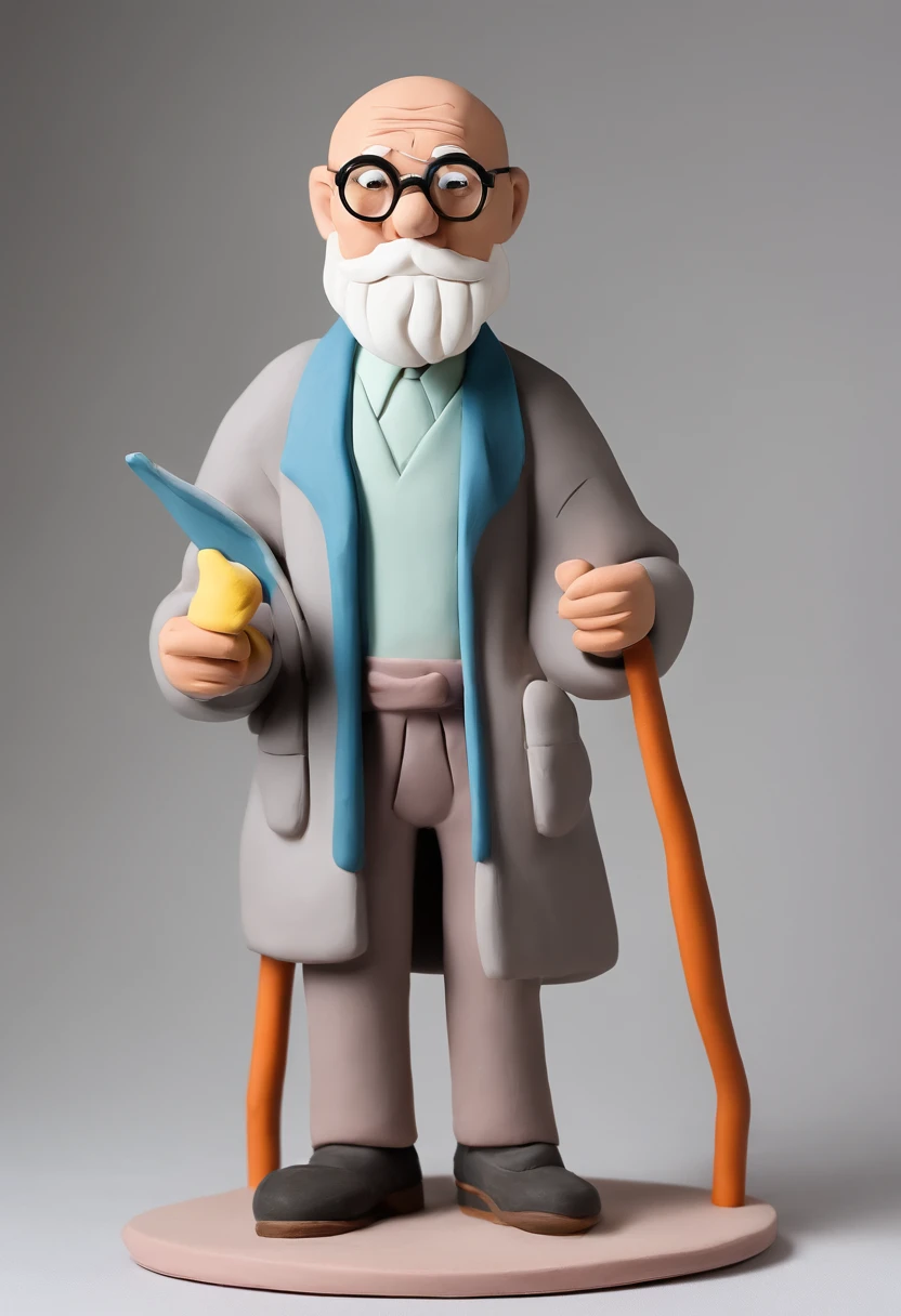 A cartoon grandfather with round-rimmed glasses, a white beard, a bald head, a crutch in one hand, a picture scroll in the other, wearing a gray Chinese tunic, and his face is wrinkled
