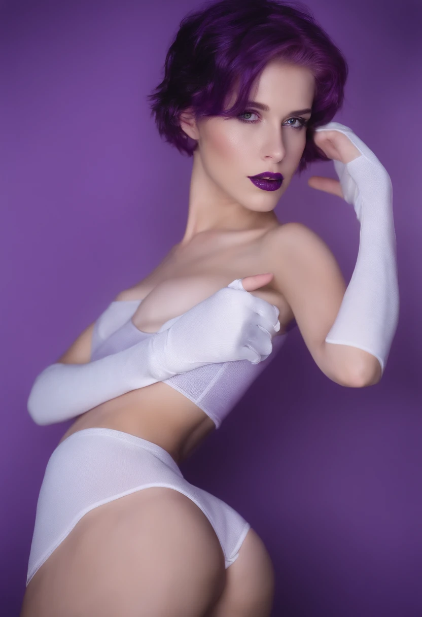 naked girl. slim body. skinny body. thin body. this waist. cute. looking at viwer. wet skin. Pale skin. purple hair. short hair. long socks. long gloves,nfsw,sexy