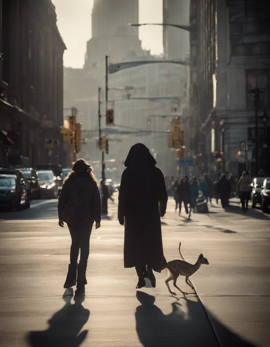Street photography capturing an unexpected encounter with an alien visitor in a bustling urban setting. The alien, disguised as a human, walks along a busy sidewalk, its alien features subtly hinted at through unique clothing and accessories. The photograph is taken candidly, showcasing the reactions of passersby as they catch glimpses of the extraterrestrial being. The lighting style is natural, with sunlight filtering through the urban canyons, creating interesting patterns and shadows. The composition captures the surreal collision of alien and human worlds, highlighting the inherent curiosity and diversity of our shared existence