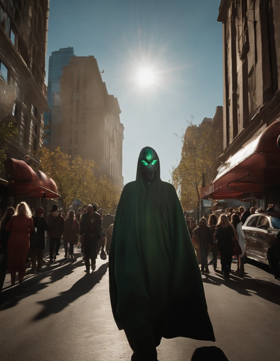 Street photography capturing an unexpected encounter with an alien visitor in a bustling urban setting. The alien, disguised as a human, walks along a busy sidewalk, its alien features subtly hinted at through unique clothing and accessories. The photograph is taken candidly, showcasing the reactions of passersby as they catch glimpses of the extraterrestrial being. The lighting style is natural, with sunlight filtering through the urban canyons, creating interesting patterns and shadows. The composition captures the surreal collision of alien and human worlds, highlighting the inherent curiosity and diversity of our shared existence
