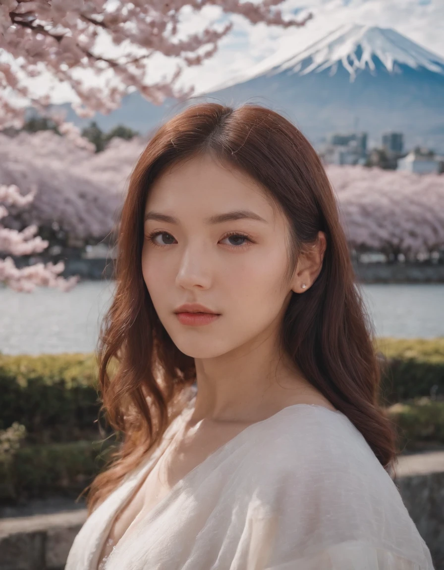 travellers, in the style of rap aesthetics, girl, Tokyo, Japan, make for a memorable photo, The background is to theJapan's Mount Fuji and flying cherry blossoms,photo taken with fujifilm superia, charly amani, oversized portraits, babycore, upper body