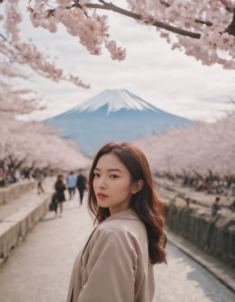 travellers, in the style of rap aesthetics, girl, Tokyo, Japan, make for a memorable photo, The background is to theJapan's Mount Fuji and flying cherry blossoms,photo taken with fujifilm superia, charly amani, oversized portraits, babycore, upper body
