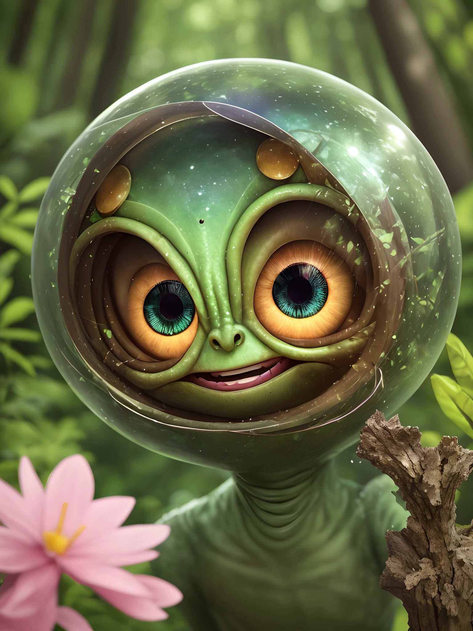 Photography of an adorable three-eyed little green alien in a whimsical Disney style. The extraterrestrial creature has a round body and short limbs, with vibrant green skin and a mischievous grin. It stands in a forest clearing, surrounded by towering trees adorned with colorful flowers. Sunlight filters through the foliage, casting a gentle glow on the alien's translucent ears. The composition is close-up, capturing the alien's unique features and endearing expression. The photograph is captured with a high-quality digital camera, ensuring sharp focus and rich colors. This imaginative portrayal of an extraterrestrial visitor is sure to inspire wonder and delight --auto --s2