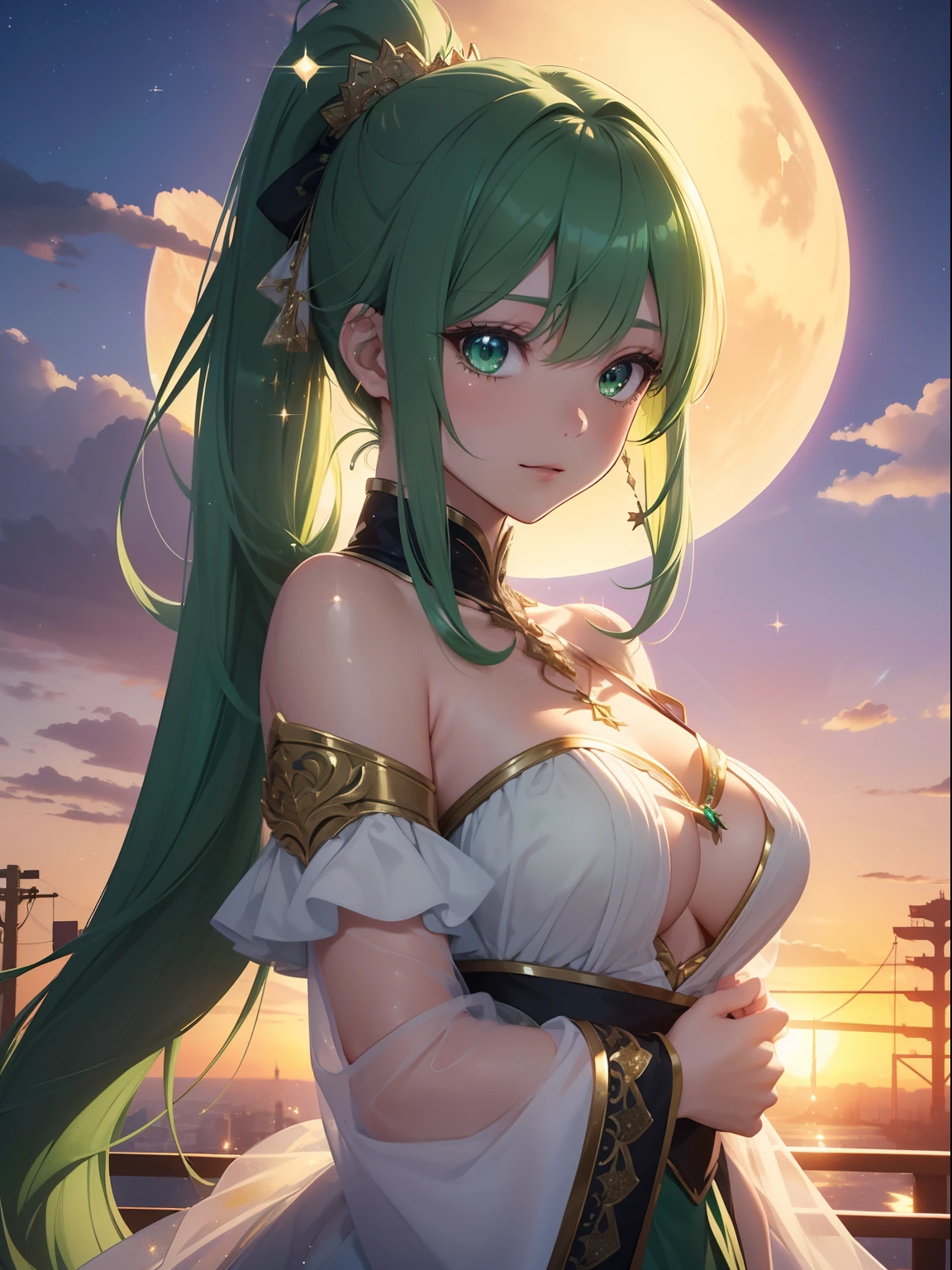 masutepiece, High resolution, 8K, anime woman, Delicate and detailed writing 、Detailed digital illustration、absurdly long hair、(((Ponytail)))、Shiny hair、a very beautiful woman、Eyes are double, Large,Little hanging eyes、 Bust E Cup、High image quality, High quality、Detailed background、((Detailed and beautiful sunset sky background))、The inside of the eye shines like a diamond、(((Dark green hair)))、Gradient pupil、(((2 arms、4 fingers, 1 thumb)))、Detailed female face、a very beautiful woman、、细致背景、masterpiece、Soft Focus , Bright gradient watercolor , Lens Flare , (((Glitter))) , Glow , Dreamy ,a miniskirt、Idol、Light Green Ribbon、Very beautiful light green rose hair accessories、Light green and gold costume with white as the main color、((Macroface))、(Cool Girl).Tall lady、Dignified.((No bangs))、Opens mouth and laughs、Holding a dog