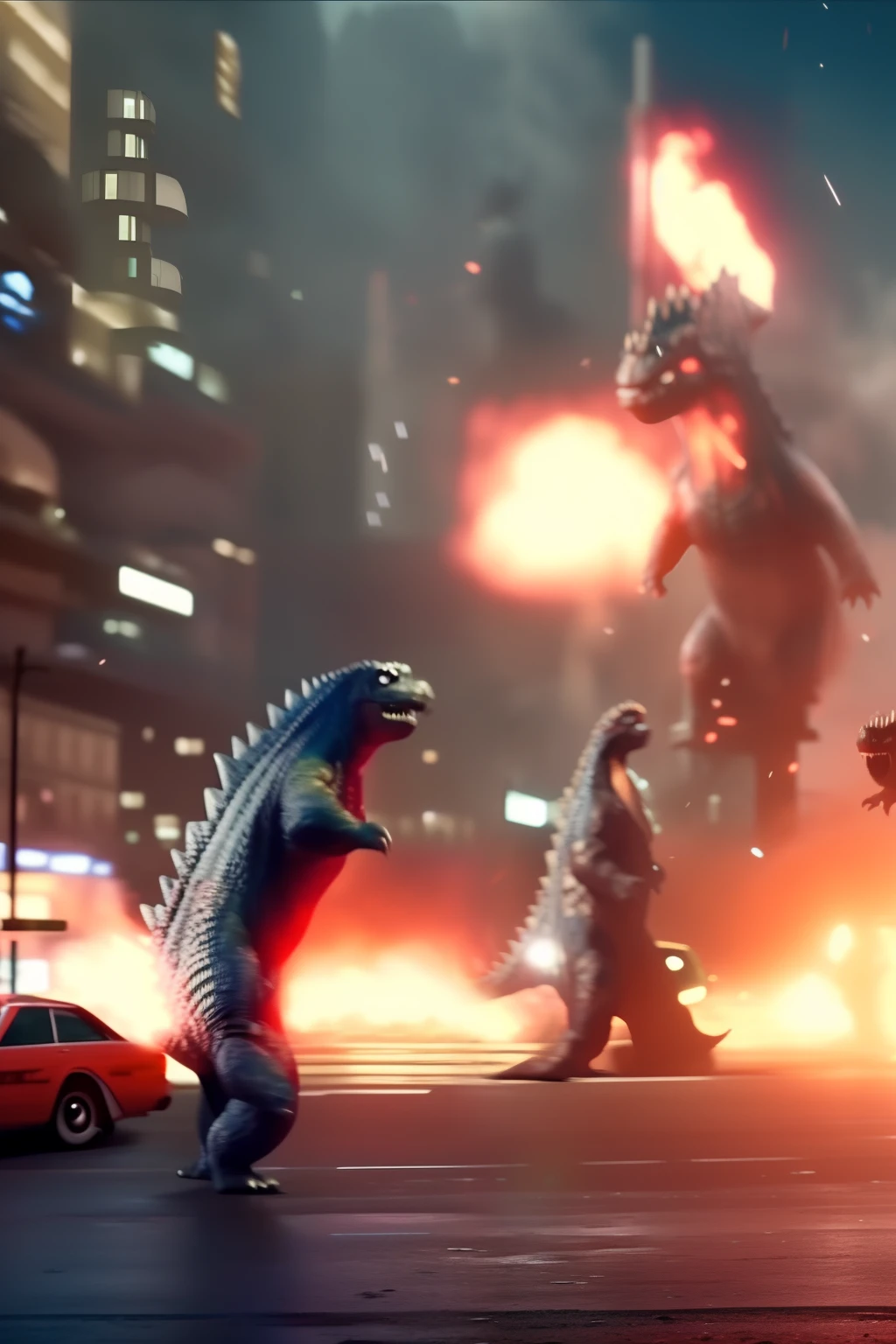 two Godzilla are fighting ,In a city,There are small fighters in the air,There are many vehicular pedestrians on the ground