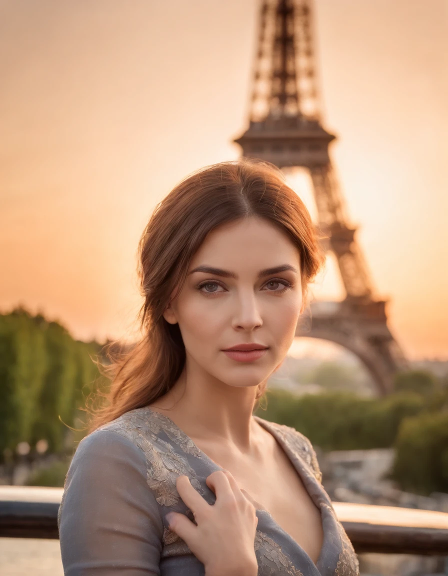 mulher (feminino) atraente proximos a torre eiffel, Cabelos castanhos, Pose atraente, Sun behind, vista atraente,medium shot