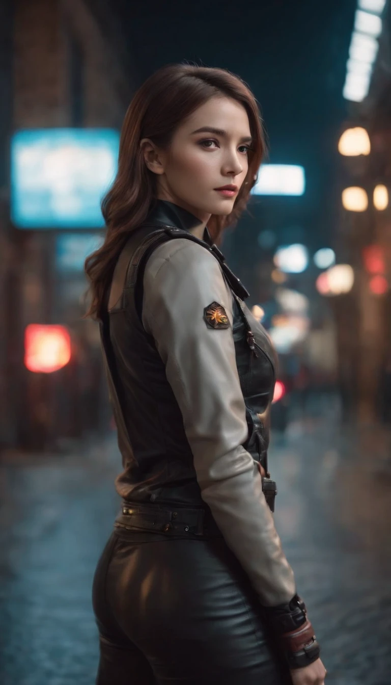 Modern simulation,Anime-style environment wide angle shooting,Nighttime chaotic arcade shots; A woman in street clothes;Sci-fi. 。.3D. Environmental arcade art.,cyber punk perssonage,Firearms