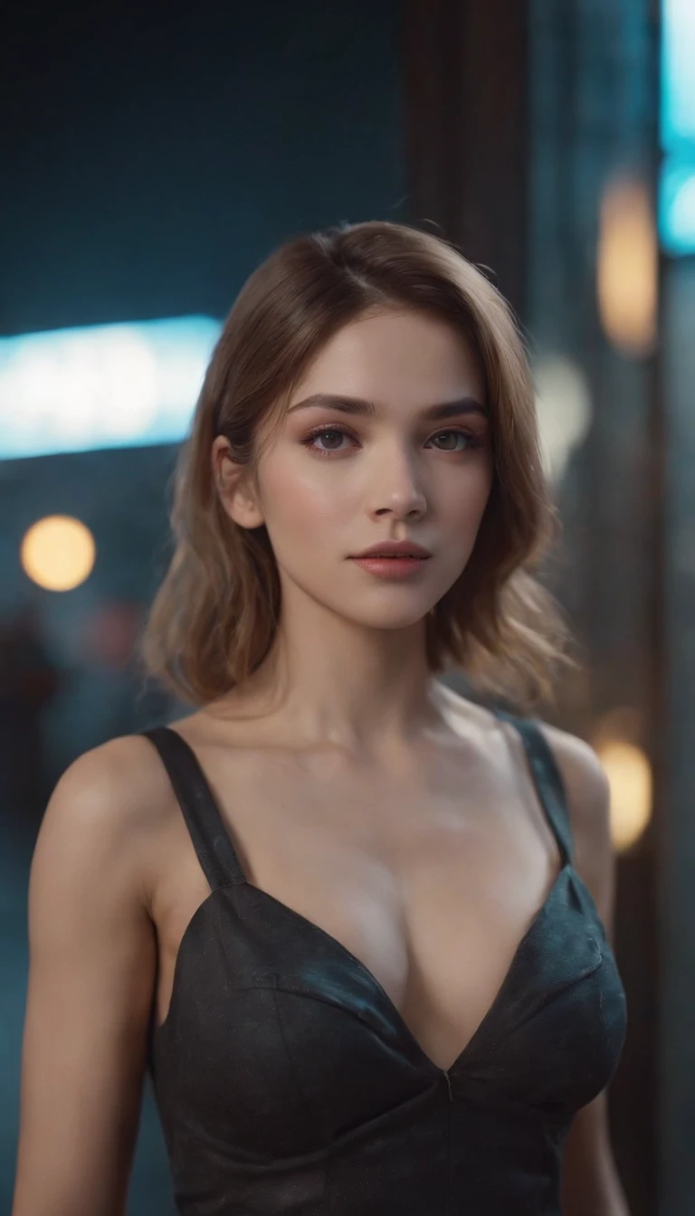 Modern simulation，Anime-style environment wide angle shooting，Nighttime chaotic arcade shots; A woman in street clothes;Sci-fi. 。.3D. Environmental arcade art.，cyber punk perssonage，Firearms