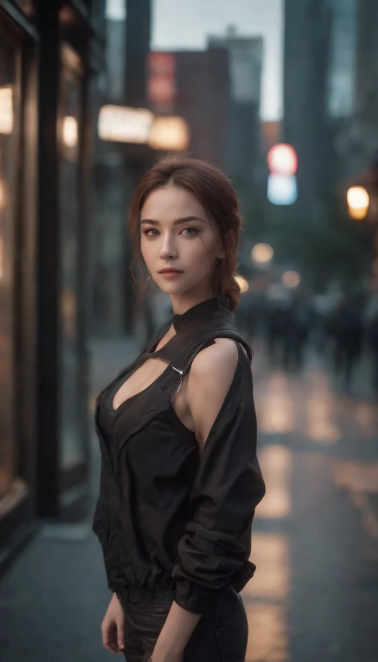 Modern simulation,Anime-style environment wide angle shooting,Nighttime chaotic arcade shots; A woman in street clothes;Sci-fi. 。.3D. Environmental arcade art.,cyber punk perssonage,Firearms