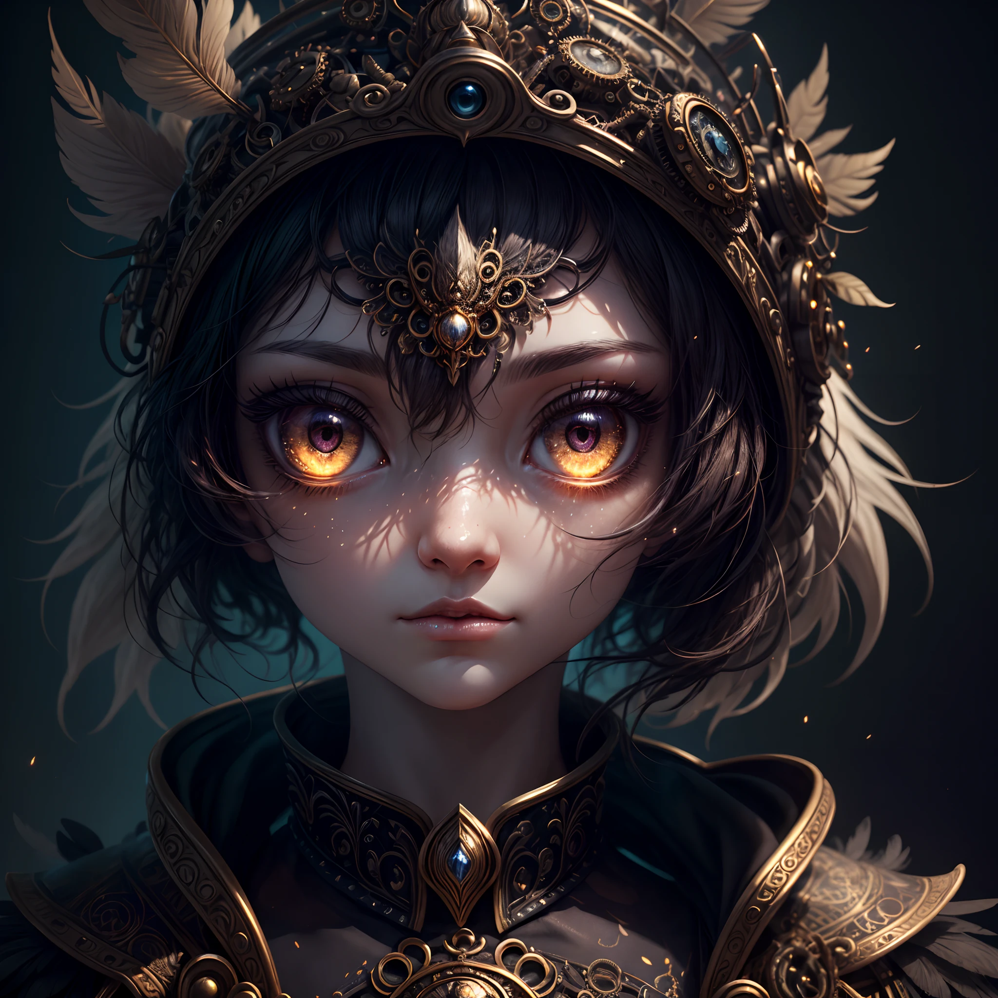 Generate a non-human celestial animal in the style of steampunk and fantasy. The animal must be fluffy and have feathers, de la soie et du satin. Focus on the small details of fantasy and steampunk. camera: use an interesting and dynamic composition. Improve visual interest. lighting: Use ambient lighting that enhances the mood of fantasy. Inclure des couleurs vives et des ombres profondes. Embauche, detailled eyes, Hiring detailed eyes, Hiring small details, Fleuri, Intricate details, 8k, miroiter, unity, Moteur officiel CGI Unreal, High resolution, (((Masterpiece))), High quality, high resolucion, detail enhancement