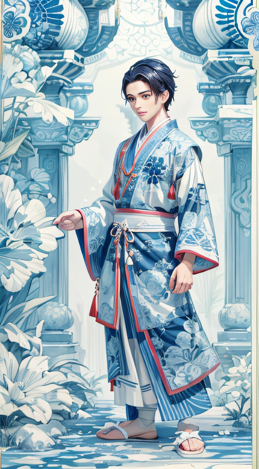 Blue and white porcelain male statue of boy,anatomy correct,Delicate pattern,Oriental elements,Ink painting style, Clean colors,White background, Soft lighting, ( Bokeh),Masterpiece, Super detailed, Epic composition, Highest quality, 4K,