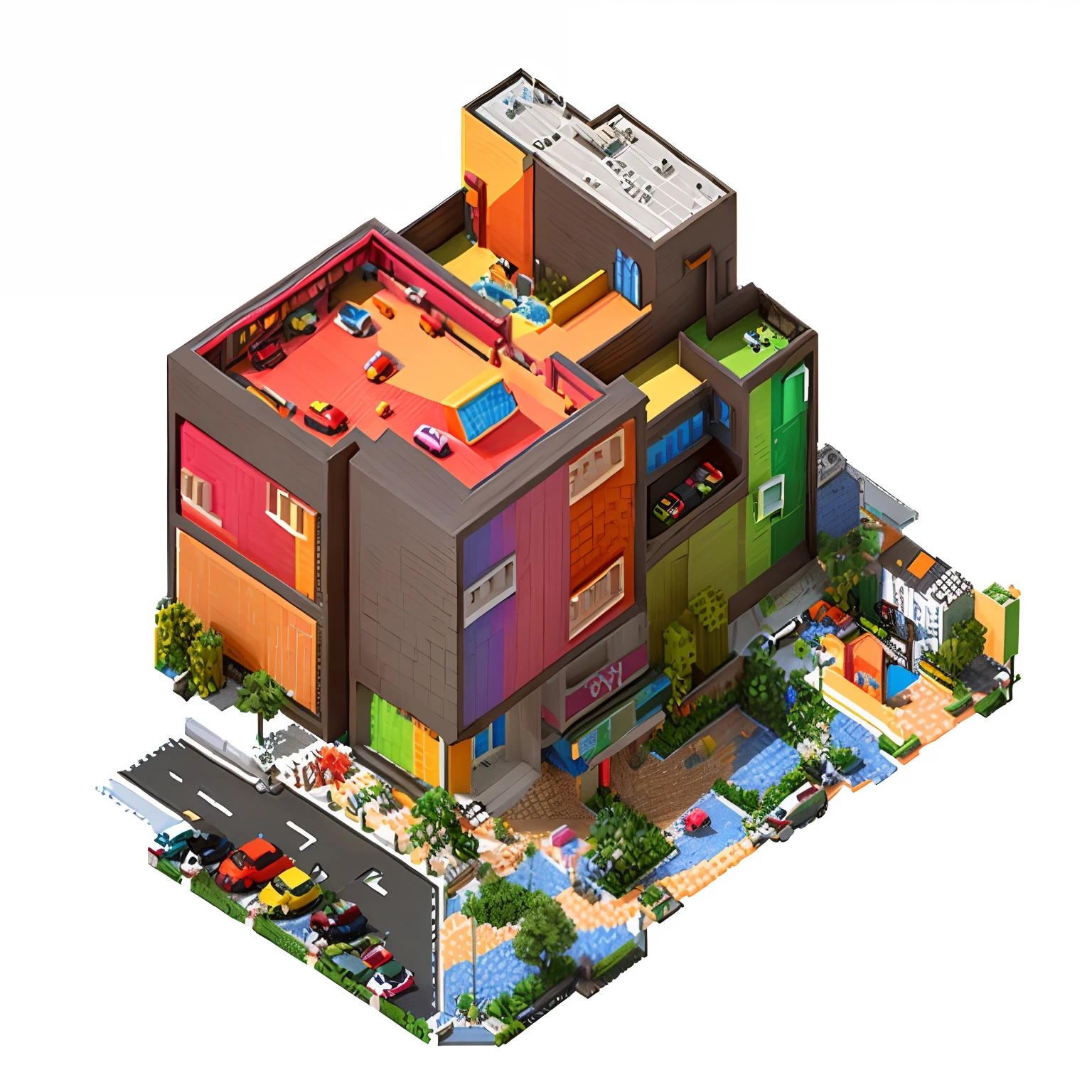 Alafid image of a colorful building,There is a car parked in front, Colorful modern, isometric voxel art, kawaii hq render, ingame image, isometric game, Isometric art, voxels, prerendered isometric graphics, high quality voxel art, colorful building, isometric voxel, isometric 8k, isometric pixel art