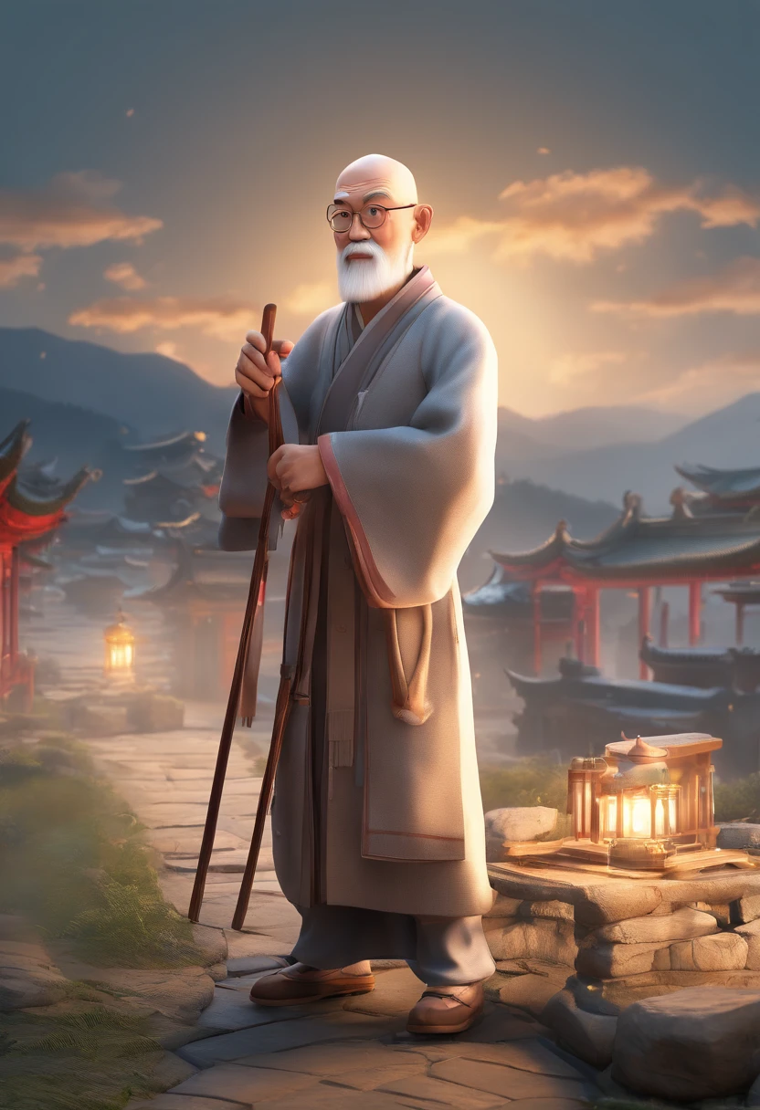 (old man:1.1,cartoon character), (round eyeglasses:1.1), (white beard,bald head:1.1), (one hand holding a cane,one hand holding a painting scroll:1.1), (gray Chinese-style robe:1.1), (wrinkled face:1.1), (traditional costume:0.9), (detailed portrayal:1.2), (vibrant colors:1.1), (peaceful expression:1.1), (scenic background:1.1), (Chinese landscape painting style:1.1), (soft lighting:1.1)。