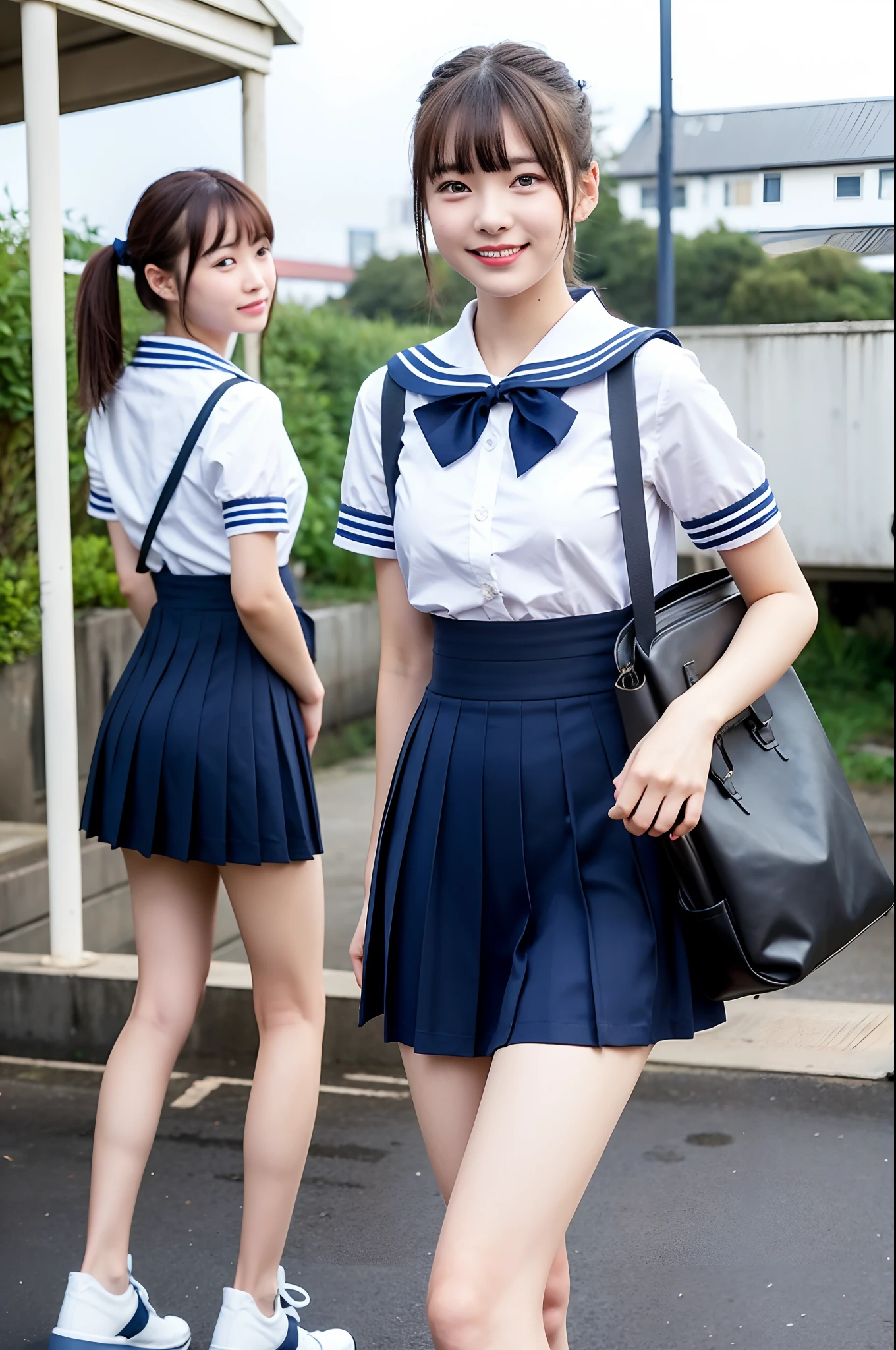 {2 | 3 | 4} girls walking in rural school field,cumulonimbus cloud in summer sky,white sailor shirt with red bow tie,navy blue pleated skirt fluttering up,white thong,18-year-old,bangs,a little smile,thighs,knees,short hair with low pigtails bunches,from below,front light