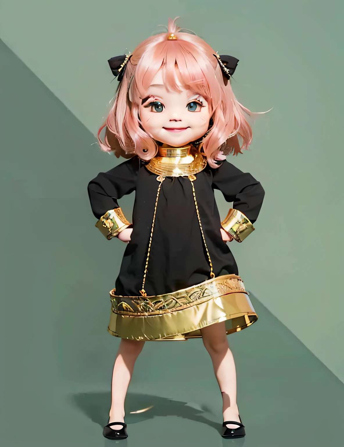 a cute asian girl in a black dress and a gold belt with human like green eyes with a smile on her face, real life, ultra realistic, 8k, live action, ((Best quality, 8k, Masterpiece :1.3)), Highly detailed face and skin texture, (Realistic, Photorealistic:1.4)
