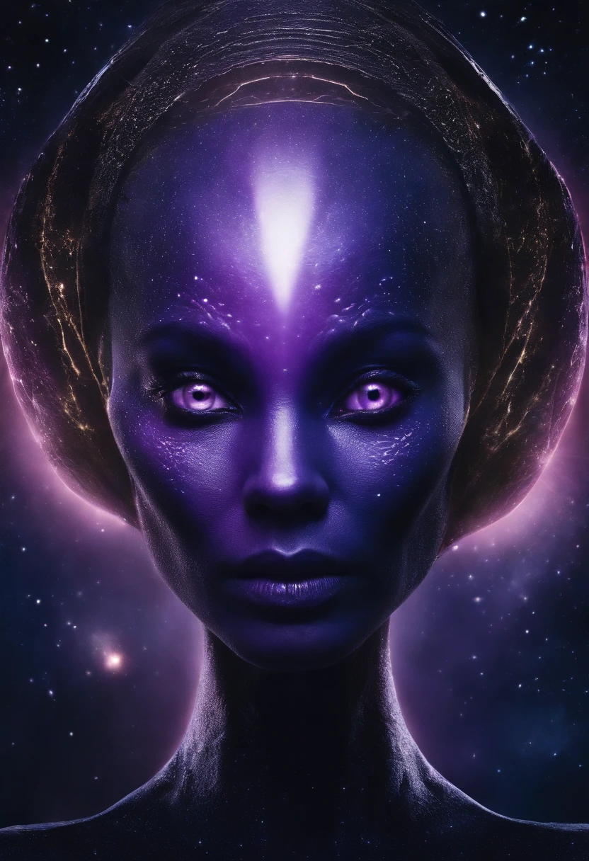 Photography of a mesmerizing portrait of an alien being with a captivating aura. The creature's appearance is both alien and humanoid, with luminescent, violet-hued skin and expressive eyes that exude wisdom and mystery. The portrait is set against a celestial backdrop, with stars and nebulae scattered across the inky blackness of space. The lighting is soft, emanating from an unseen source, highlighting the contours of the alien's face and creating a ethereal glow. The composition is a close-up, allowing viewers to explore the intricate details of the alien's distinctive features