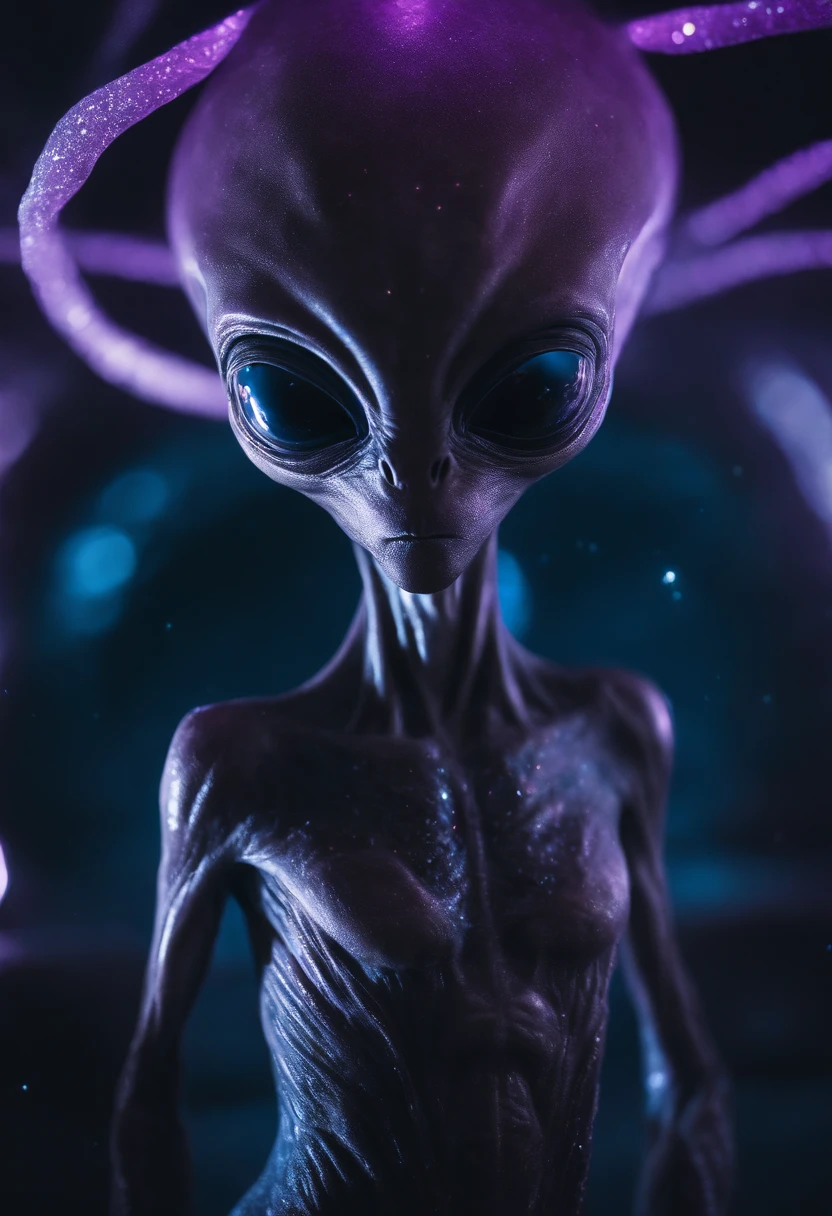 Photography of a mesmerizing portrait of an alien being with a captivating aura. The creature's appearance is both alien and humanoid, with luminescent, violet-hued skin and expressive eyes that exude wisdom and mystery. The portrait is set against a celestial backdrop, with stars and nebulae scattered across the inky blackness of space. The lighting is soft, emanating from an unseen source, highlighting the contours of the alien's face and creating a ethereal glow. The composition is a close-up, allowing viewers to explore the intricate details of the alien's distinctive features