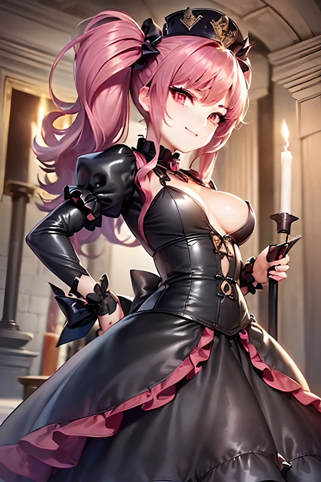 ((In Kyoto Animation Style)), super precision, ​masterpiece, very extremely beautiful, Princess Face, ((1 girl), ((Solo:1.5)), Big eyes, Pink hair, Mega Twin Tails, Big hair, Long hair, Very long hair, badly twisted hair, ((Super small breasts:1.5)), ((flat chest:1.5)), Faint lips, Professional Lighting, (18year old), Narrow waist, Shiny skin, Oiled skin, glistning skin, Looking at Viewer, Cowboy Shot, Dynamic Pose, GothGal, Wearing a goth gal costume, ((Dress:1.5)), bow ribbon, ((frilld)), ((Black Maid_Cap)), ((holding a large candle in each hand:1.5)), ((Stone room:1.5)), inside in room, Slightly open mouth, (Smirk), Latex, From below, A sexy,