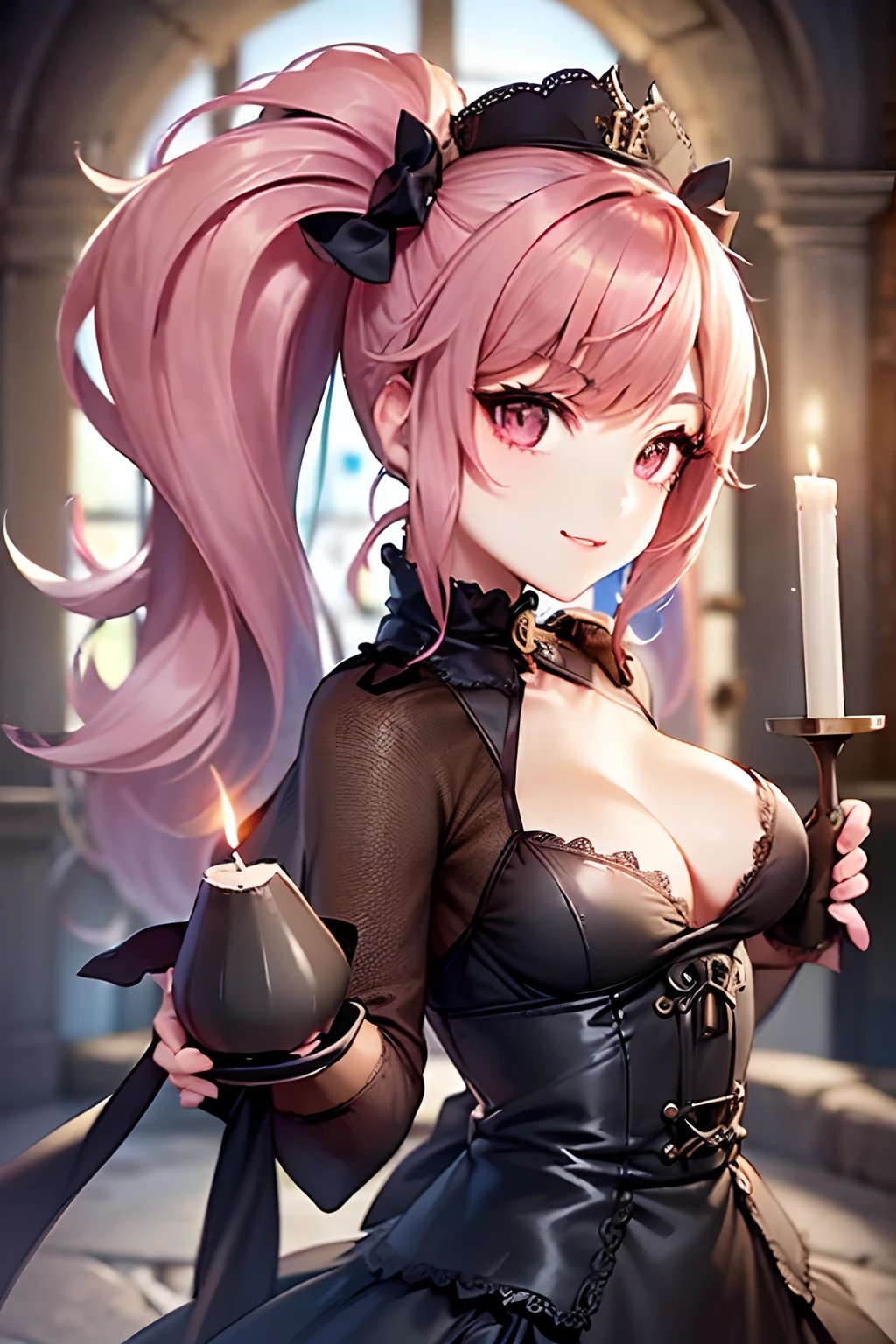 ((In Kyoto Animation Style)), super precision, masterpiece, very extremely beautiful, Princess Face, ((1 girl), ((Solo:1.5)), Big eyes, Pink hair, Mega Twin Tails, Big hair, Long hair, Very long hair, badly twisted hair, ((Super small breasts:1.5)), ((flat chest:1.5)), Faint lips, Professional Lighting, (18year old), Narrow waist, Shiny skin, Oiled skin, glistning skin, Looking at Viewer, Cowboy Shot, Dynamic Pose, GothGal, Wearing a goth gal costume, ((Dress:1.5)), bow ribbon, ((frilld)), ((Black Maid_Cap)), ((holding a large candle in each hand:1.5)), ((Stone room:1.5)), inside in room, Slightly open mouth, (Smirk), Latex, From below, A sexy,