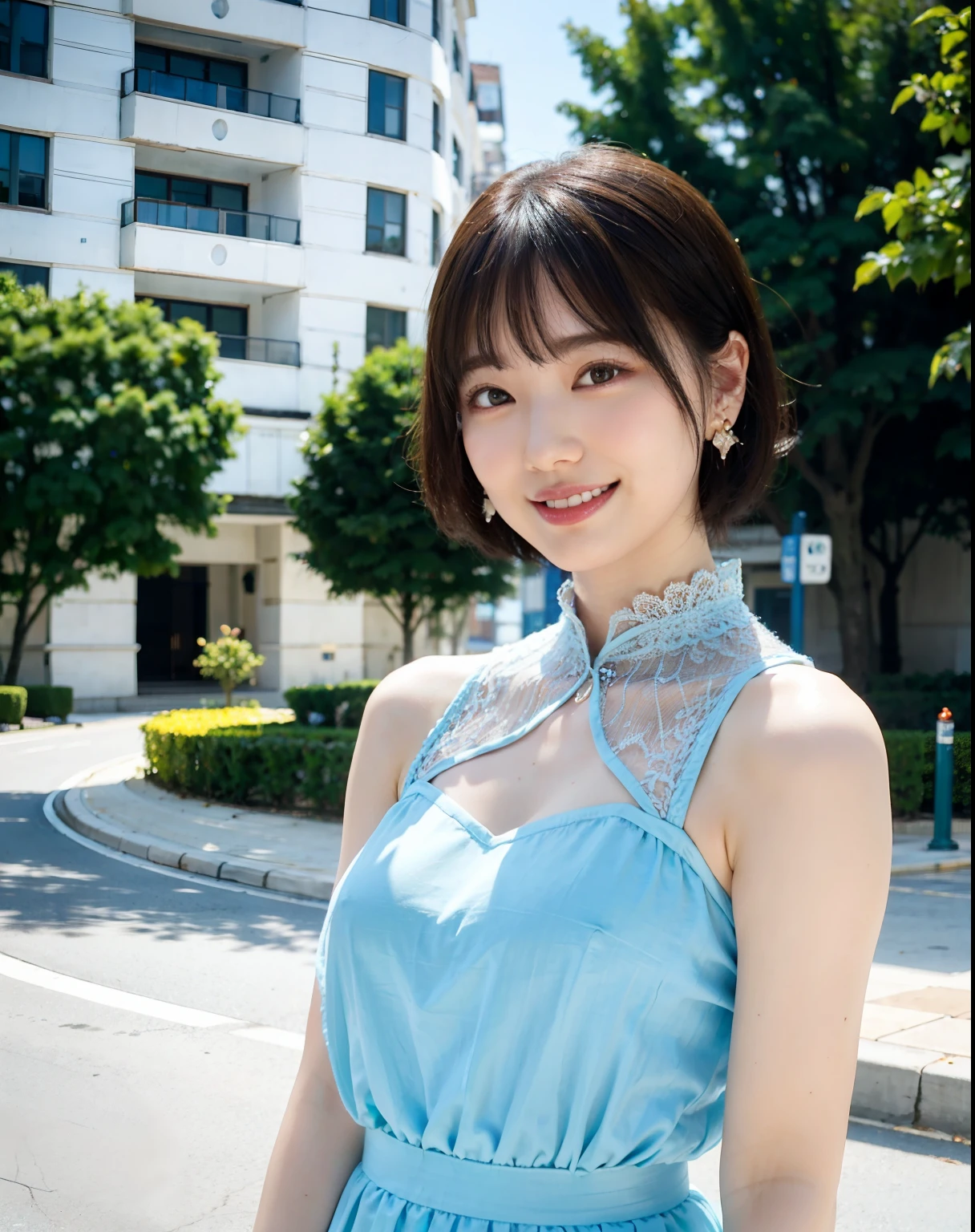 a woman posing on the street corner with light blue dress on, best quality, 1girl, large breasts, day, bright, blur background, bokeh, outdoor, (street:0.8), (people, crowds:1), (lace-trimmed dress:1.5, sleeveless dress, light blue clothes, light blue high-neck dress:1.2, blue dress: 1.5), gorgeous, (short hair, forehead:1.2), beautiful detailed sky, earrings, (dynamic pose:1.2), (upper body:0.8), soft lighting, wind, shiny skin, smile,