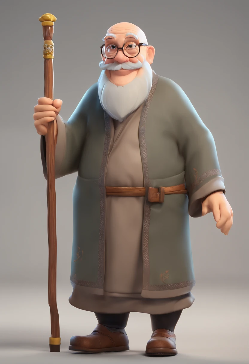 A cartoon hunchbacked grandfather with round-rimmed glasses, a white beard, bald head, a crutch in one hand, a picture scroll in the other, wearing a gray Chinese tunic, and his face is wrinkled