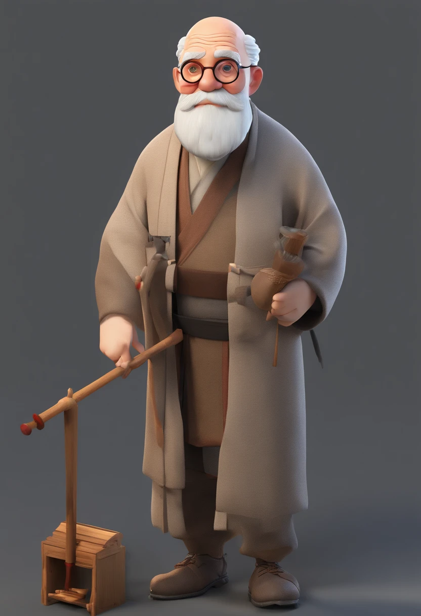 A Q version of a hunchbacked grandfather with round-rimmed glasses, a white beard, bald head, a crutch in one hand, a picture scroll in the other, wearing a gray Chinese tunic, and his face is wrinkled