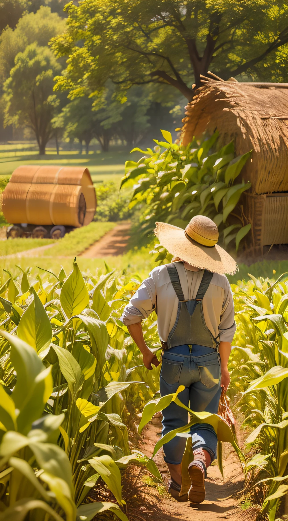 In the cornfield, An old farmer is harvesting corn,The back of an old farmer in a straw hat,There are trees,The sun is shining,Large cornfields,Lively atmosphere