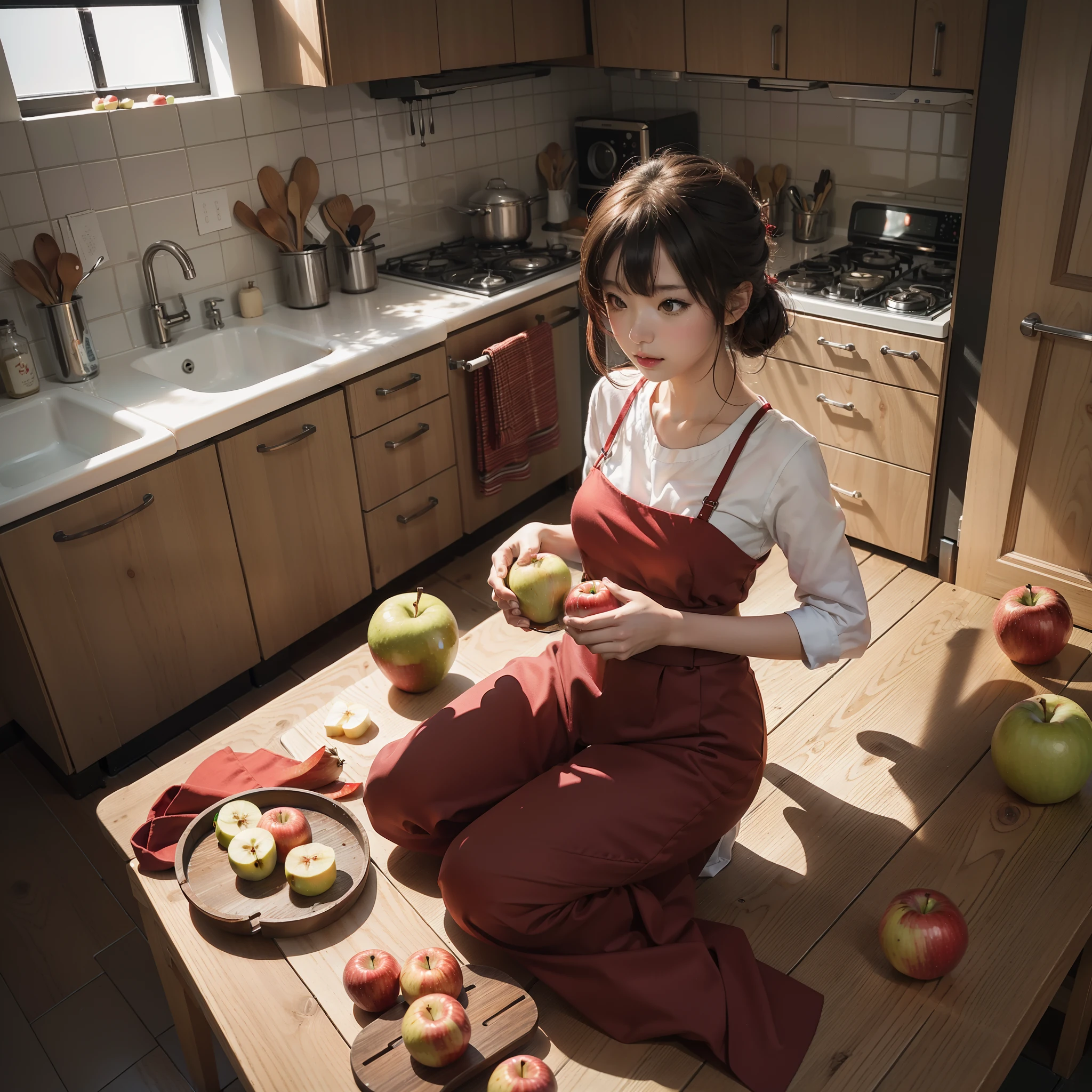 masutepiece, Super Detail, High quality, awardwinning, 8K, girl, Sitting, Seiza, She's eating apples, Apple-shaped kitchen timer, Theme color is red, productphoto, Professional Light
