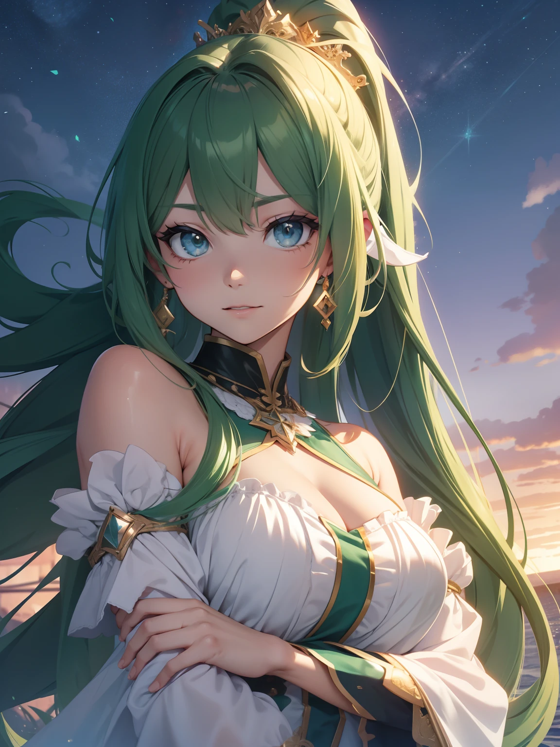 Cute girl, long hair falling like threads of liquid gold and sparkling under the light, eyes of emerald green, sparkling like precious stones, skin as soft as flower petals, with a light color resembling moonlight, big breasts, wearing a dress that shines like magic, decorated with delicate patterns resembling stars. Around her waist was a belt of light feathers that trembled and beat like a heart.
