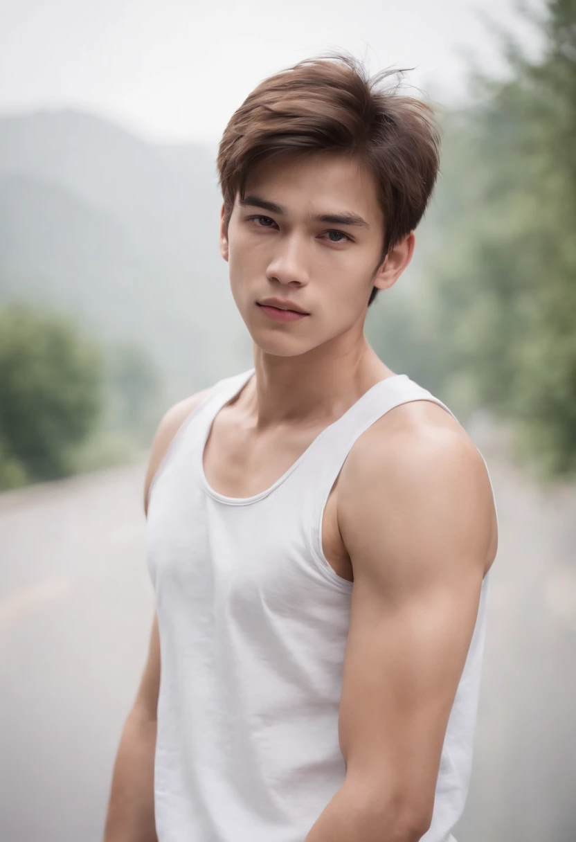 Teen guy, thin, hairy armpits, white tank top, boxers, huge bulge, full body