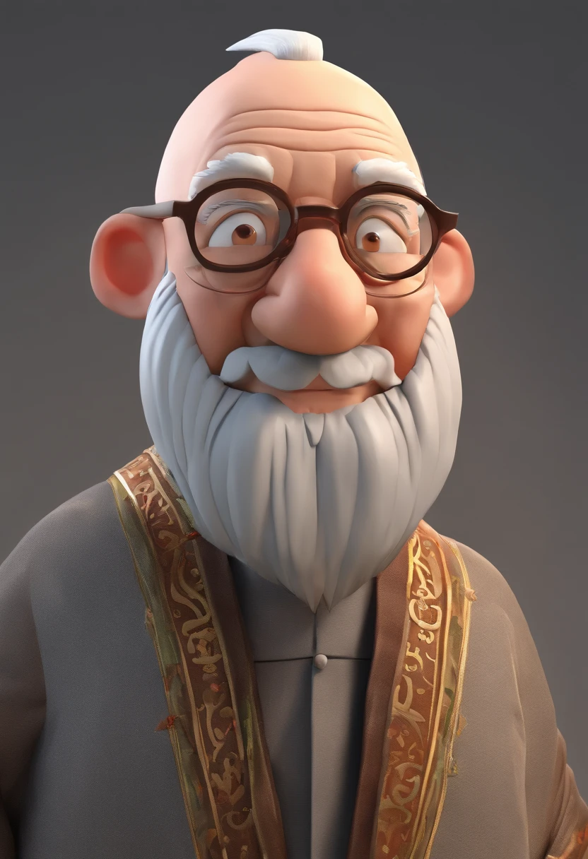 A cartoon hunchbacked grandfather with round-rimmed glasses, a white beard and bald head, a crutch in one hand, a picture scroll in the other, wearing a gray Republican Chinese robe, and his face is full of wrinkles