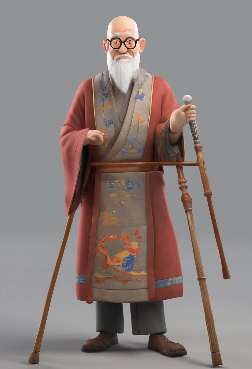 A cartoon hunchbacked grandfather with round-rimmed glasses, a white beard and bald head, a crutch in one hand, a picture scroll in the other, wearing a gray Republican Chinese robe, and his face is full of wrinkles