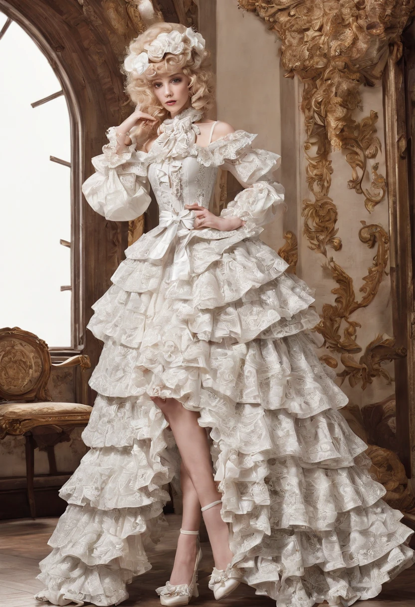 there is a dress on a mannequin, rococo ruffles dress, rococo dress, baroque dress, intricate fantasy dress, ornate frilly dress, romantic dress, frilly outfit, fantasy dress, frill, ta style, full dress, ((loliashion)), long sleeves dress, many layers lolita d, palatte color include black and white