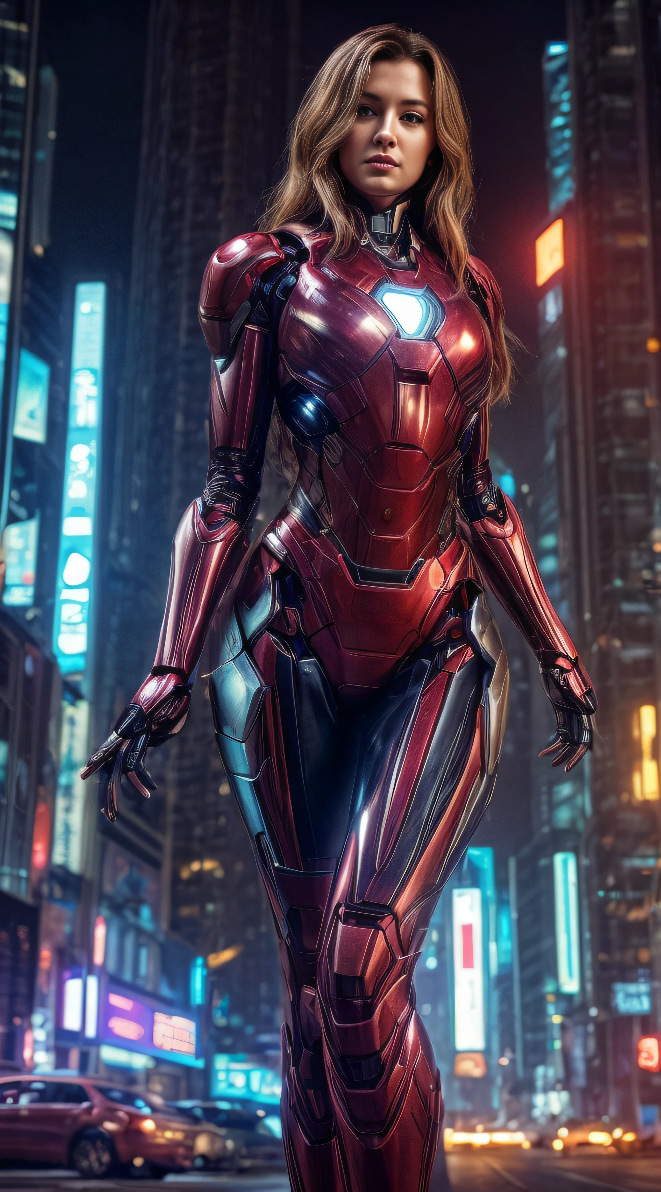 8k, realistic, attractive, highly detailed, a 20 year old girl a sexy and attractive woman inspired by Iron Man wearing a shiny Iron Man mech. She dresses with sexiness and confidence, perfectly interpreting Iron Man&#39;s strength and charisma. In a cyberpunk-style city night scene, a sexy and attractive woman takes Iron Man&#39;s cosplay as the theme. Wearing a shiny Iron Man mech, she stands on a street lined with tall buildings. The night lights of the city are bright, reflecting on her mecha, adding a sense of future technology. The surrounding buildings and streets are full of cyberpunk elements, such as neon lights, high-tech devices and futuristic architectural designs. The whole scene is full of futuristic and sci-fi atmosphere. This high-definition, high-quality picture will bring you stunning visual enjoyment, a perfect combination of sexy, futuristic and sci-fi elements. oc rendering, dramatic lighting, award winning quality(showing full body(More action pose,  Realistic, Don't Cut leg)