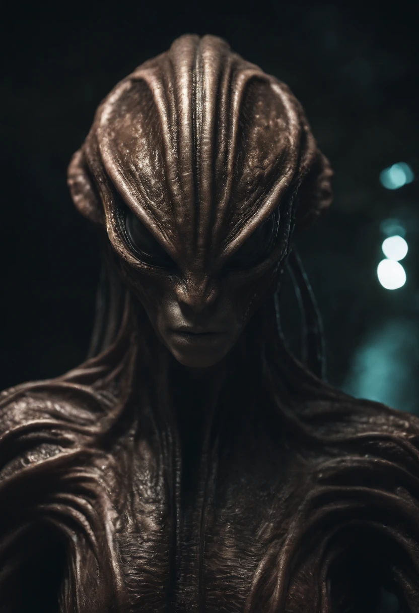 Photography of a mesmerizing portrait of an alien being with a captivating aura. The creature's appearance is both alien and humanoid, with luminescent, violet-hued skin and expressive eyes that exude wisdom and mystery. The portrait is set against a celestial backdrop, with stars and nebulae scattered across the inky blackness of space. The lighting is soft, emanating from an unseen source, highlighting the contours of the alien's face and creating a ethereal glow. The composition is a close-up, allowing viewers to explore the intricate details of the alien's distinctive features
