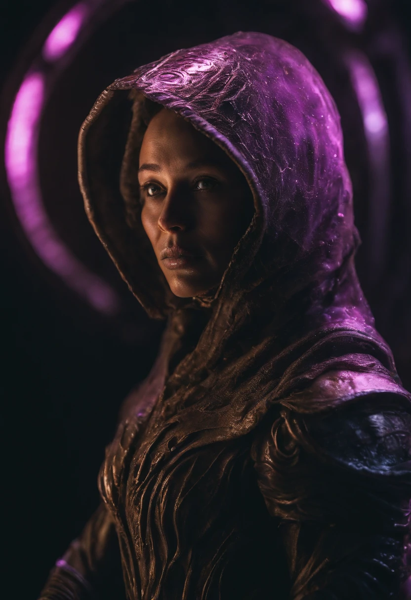 Photography of a mesmerizing portrait of an alien being with a captivating aura. The creature's appearance is both alien and humanoid, with luminescent, violet-hued skin and expressive eyes that exude wisdom and mystery. The portrait is set against a celestial backdrop, with stars and nebulae scattered across the inky blackness of space. The lighting is soft, emanating from an unseen source, highlighting the contours of the alien's face and creating a ethereal glow. The composition is a close-up, allowing viewers to explore the intricate details of the alien's distinctive features