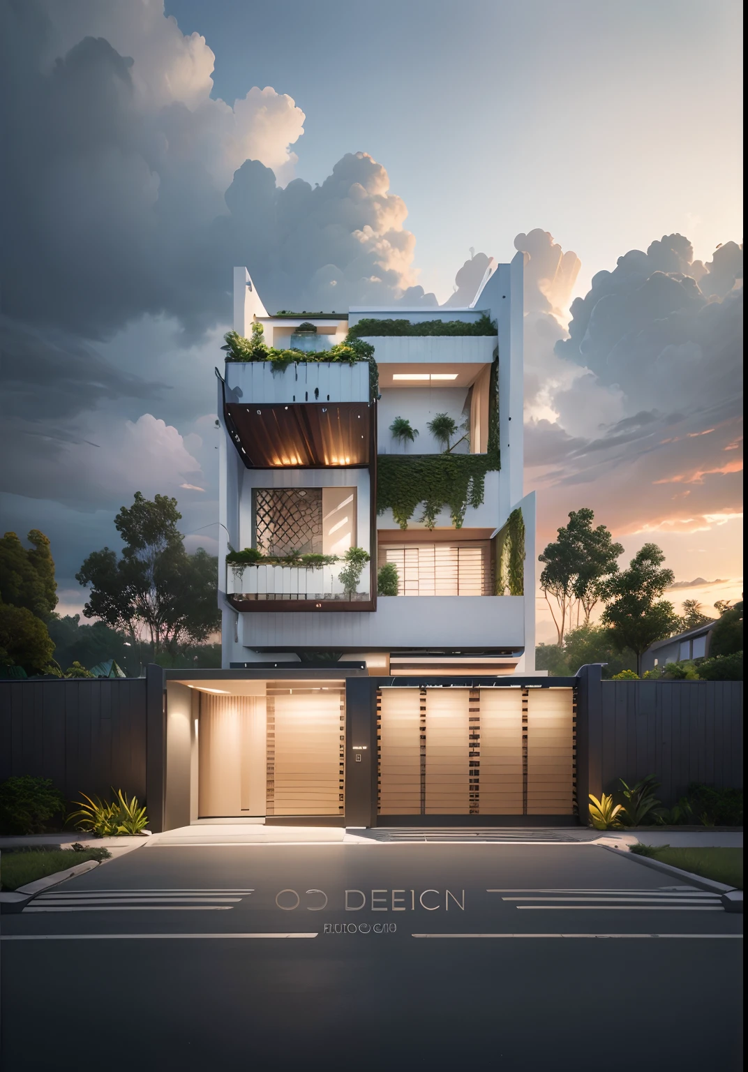 masterpiece, (photorealistic:1.2), best quality, ultra high res, architechture, exterior, Modern villa on the hill, glass windows, tropical trees, traffic road, 24k uhd,composite construction, piles/stacks, innovative page design, natural light, Vray, (masterpiece,best quality:1.5)
